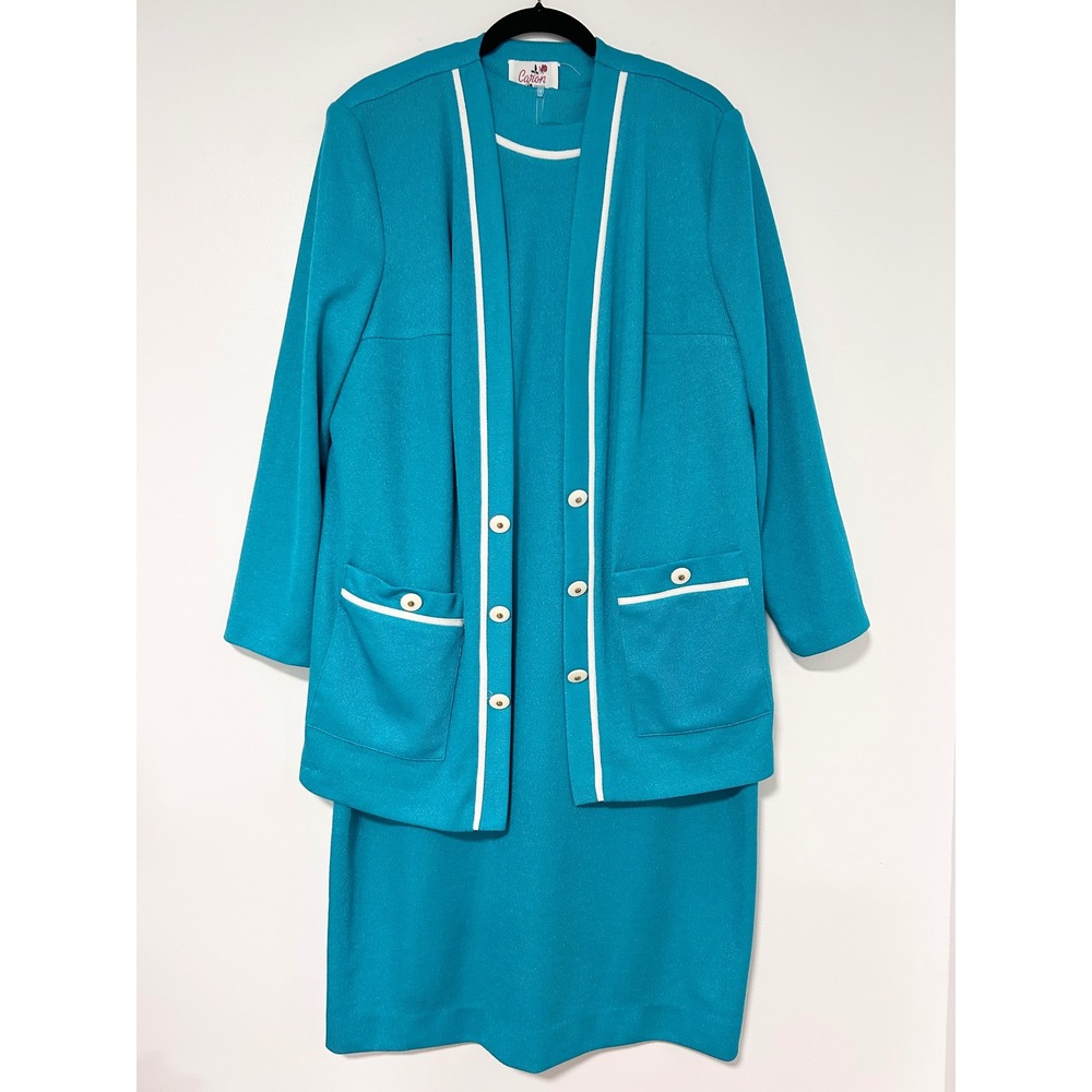 Vintage Caron Chicago Teal Blue Knit Dress and Jacket Set Size 18 Made in USA